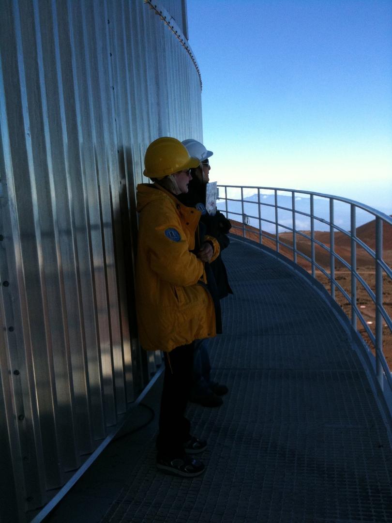 On top of the world -- the exterior walkway around the Subaru observatory -- altitude 13,800 feet -- BRRRRR! It snowed 36 hours later and they closed the road to the summit.