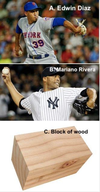 Which doesn't belong and why?  Answer: A, because unlike Rivera and a block of wood, Diaz isn't solid.  #LGM
