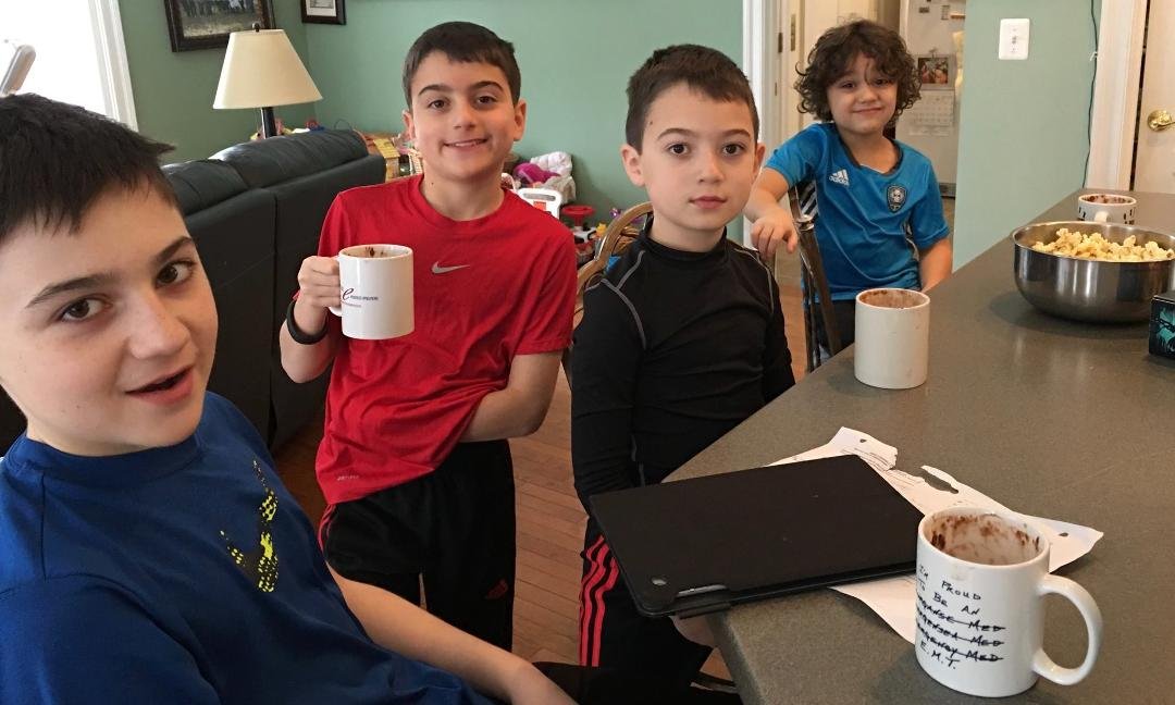 What comes after the snow play? Hot chocolate and popcorn if you are a Baroudi boy. With Monique Fauquet Baroudi