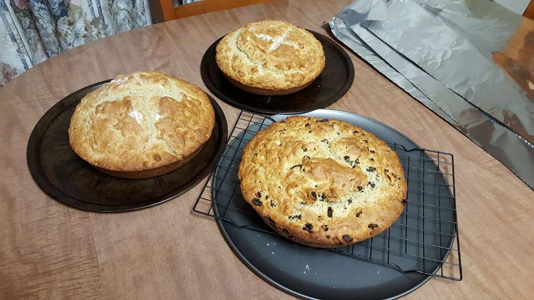 3 loaves of Irish Soda Bread ready. 2 are without the caraway seeds and raisins. Because some don't like that combo.