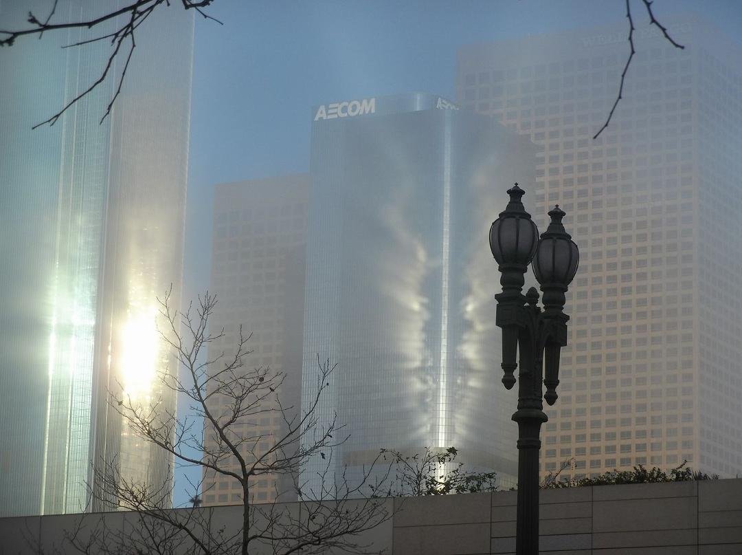 Foggy behind PAB this morning! Sunlight meets fog and glass.