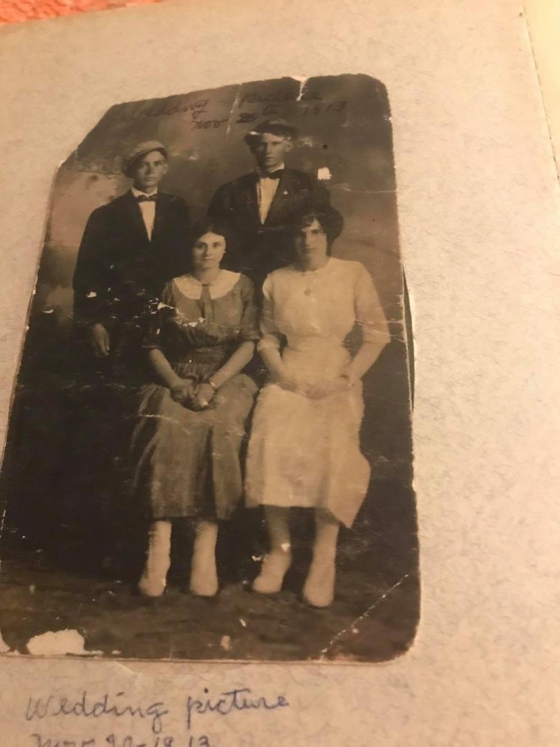 My Grand Aunt Theresa Elsie Robinson, front right with her new husband, Marvin Robinson, standing right and on the left Katie Valle Cummings and behind her on the left is her Grand Uncle Guy Elmer Cummings. Guy and Theresa