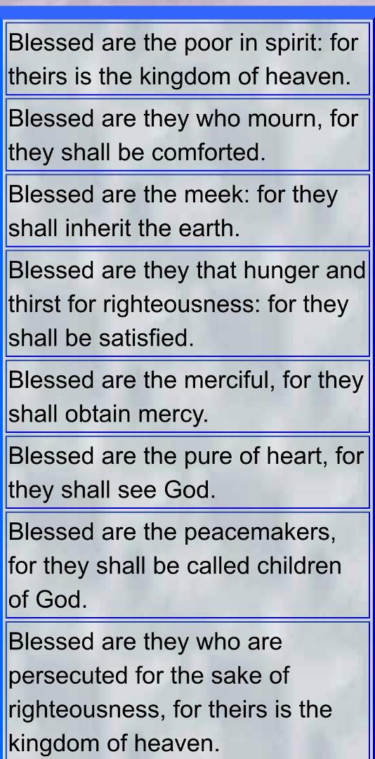 Instead of the Ten Commandments in schools, can someone tell me why we don’t put the Beatitudes there?
Anyone?