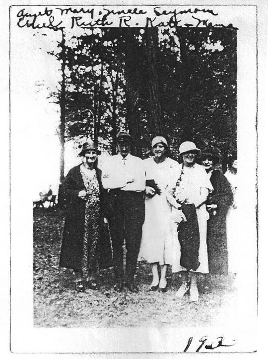 1933 Aunt Mary, Uncle Seymour, Ethel (Barrett) Lanphier, Ruth Ricard, Kath? , Mama? cut off. This is a scan of a xerox.