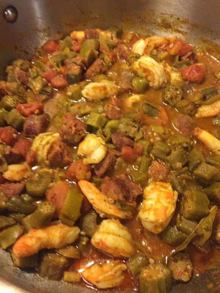 Had a taste for this dish okra  & tomatoes with shrimp and sausage and  fried catfish.
