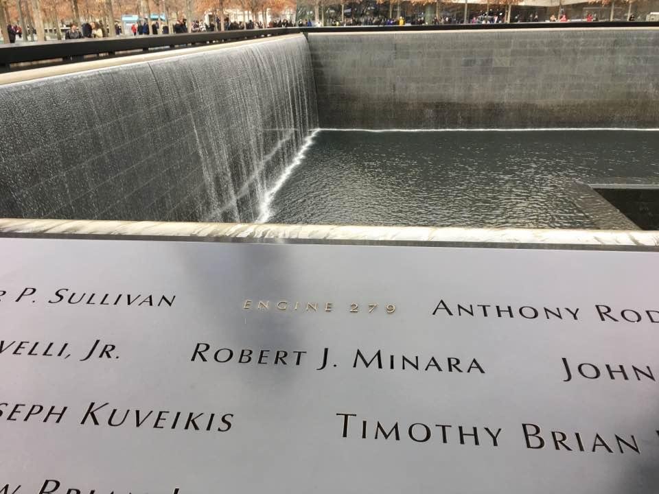 The name of a firefighter and a true hero at the World Trade Center Memorial!! God bless him !!