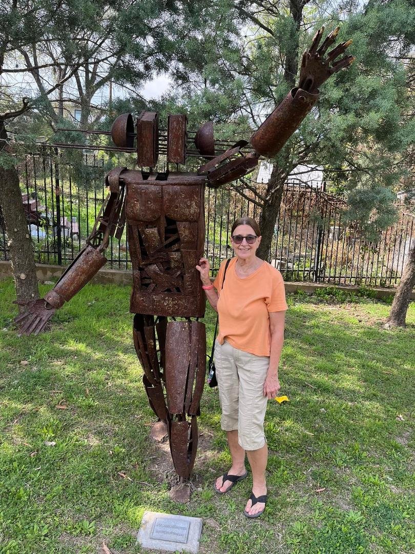 Sharing a moment with Prometheus at the Austin twin Oaks library.