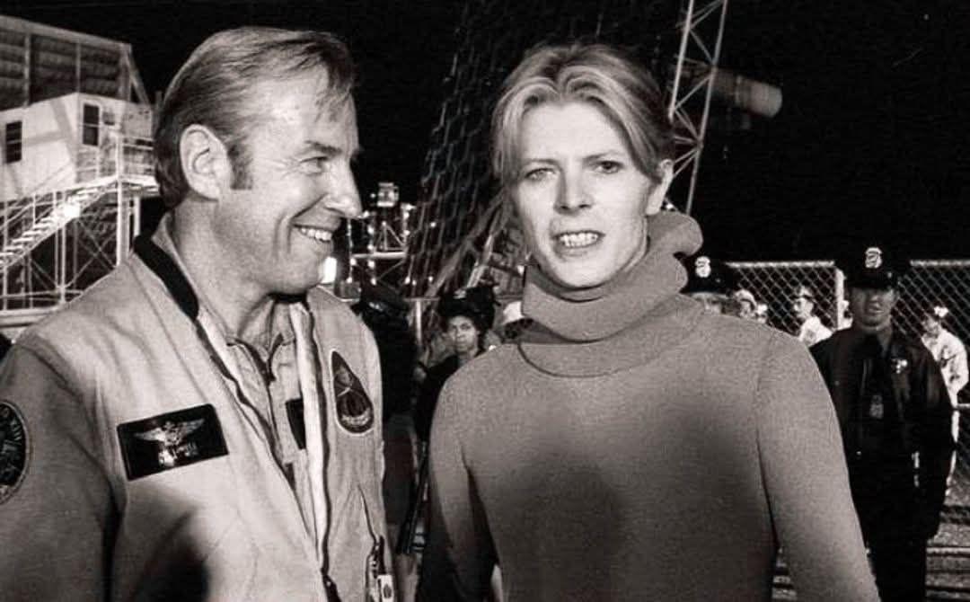 Here's James Lovell and David Bowie on the set of The Man Who Fell To Earth. Commander Lovell appears in the movie in a cameo.