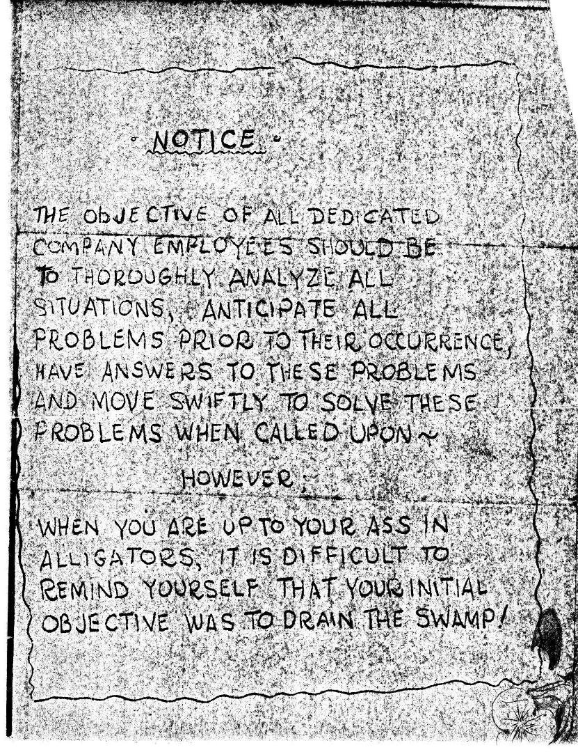 I was diving into an old box of AF charts from the 80s and saw the bottom of a paper that mentioned 'draining the swamp'. I thought this pretty timely and somewhat describes what the President has to deal with today. I gu