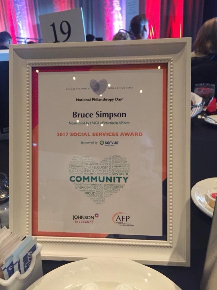 So honoured to be recognized by the YMCA of Northern Alberta. I feel it is very important to give back to the youth and the Y does great work. Sorry I missed the ceremony but field painting calls.