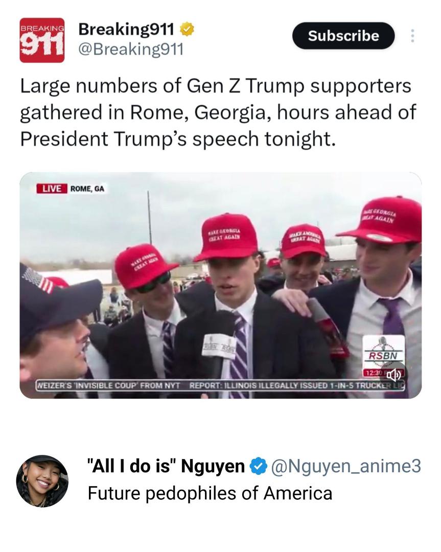 I don't know who needs to hear this, but these dudes' personalities are as thin as newspaper. They're making their entire personality about a fascist racist child rapist who is the most empty-headed and corrupt president we