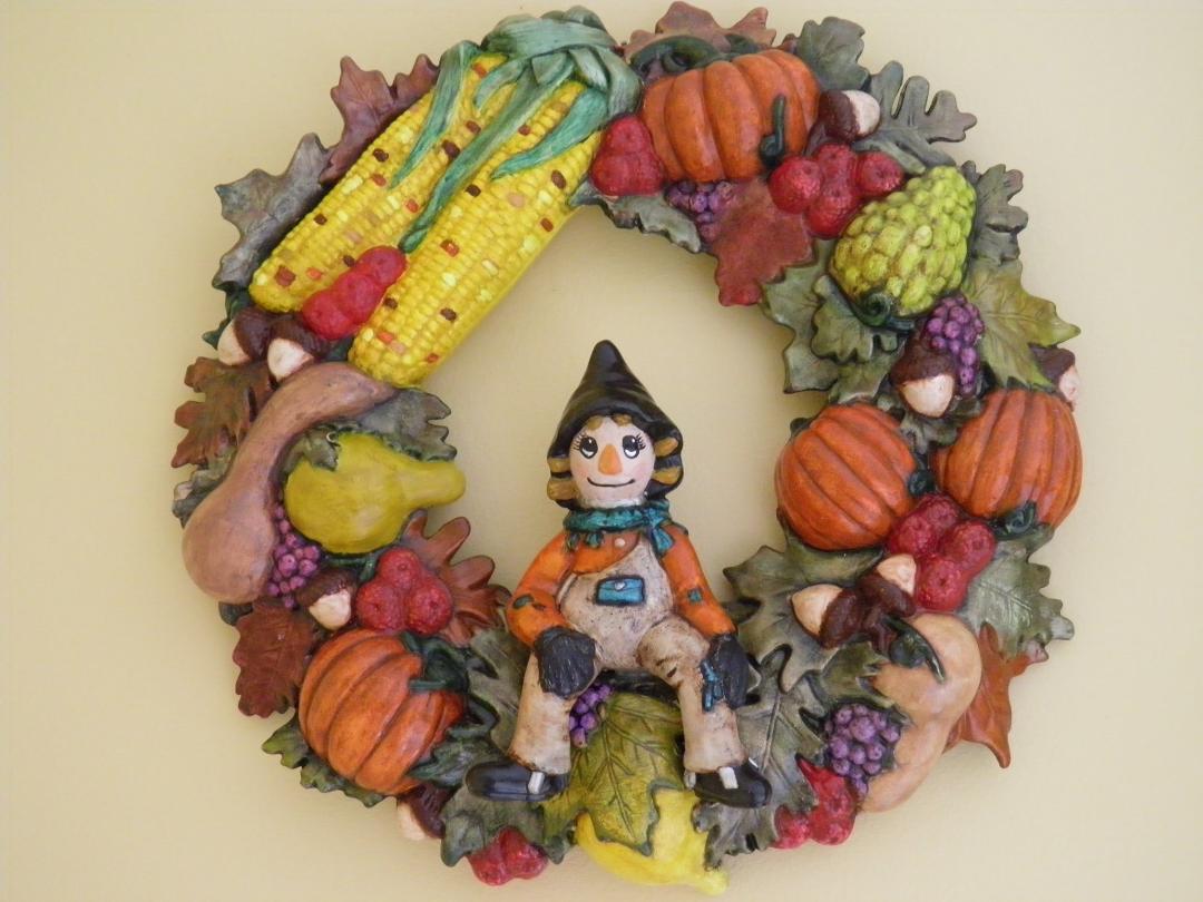 All ready for fall. Have my fall ceramic wreath on the wall. My one ceramic project that I enjoyed doing. Happy Fall everyone.