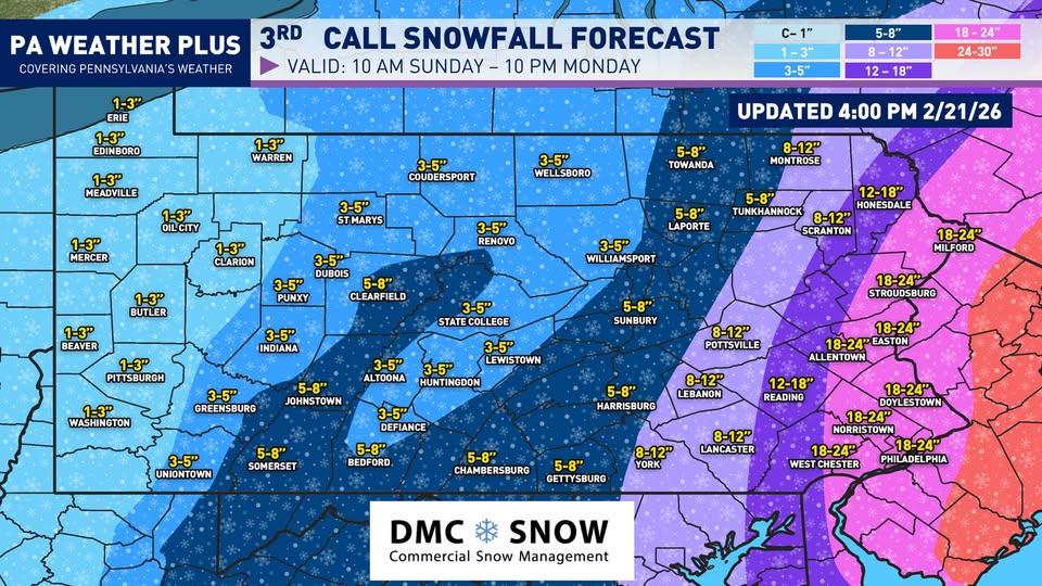 A Really Big Snow.......Heading My Way.....I'm Right Where The Pink Meets The Orange.. Right Above Philly, To The Right.....The 18 To 30 Inch Zone.. According To This Forecast.......