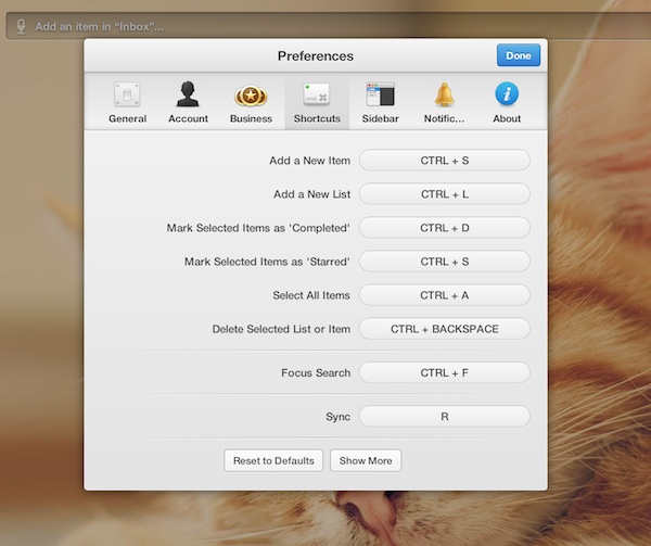 Editing keyboard shortcuts in Wunderlist