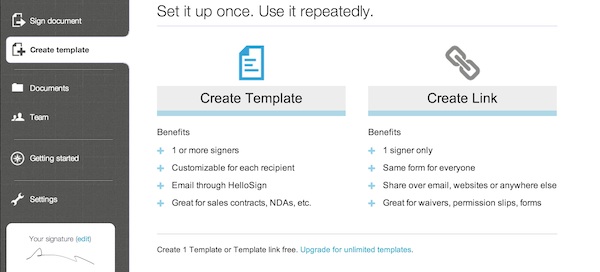 Choosing to create a template or link