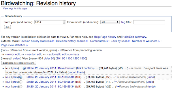 MediaWiki article revision history