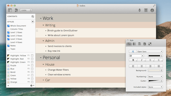 Basic tasks in OmniOutliner