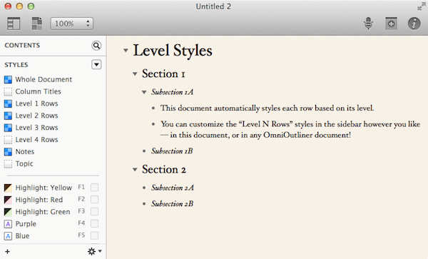 OmniOutliner default