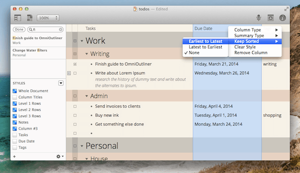 Sort and search in OmniOutliner