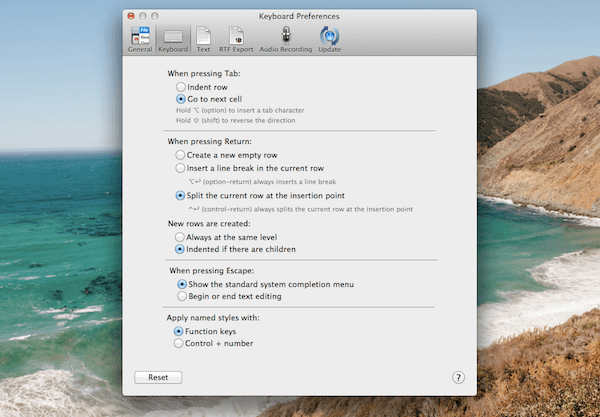 OmniOutliner keyboard shortcuts