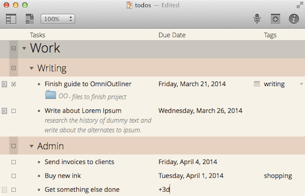 finished to-do list in OmniOutliner