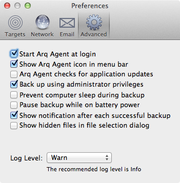 Arq Advanced Preferences