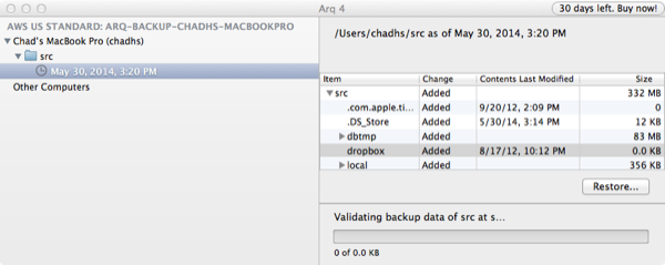 Arq Backup Validating