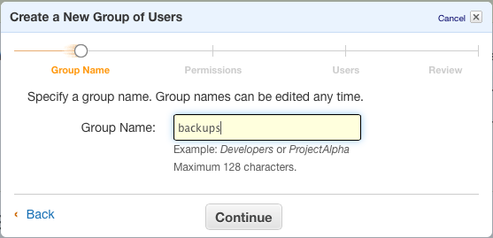 Amazon Web Services IAM Create New Group