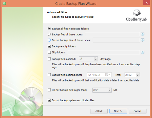 CloudBerry Backup Wizard Advanced Filter