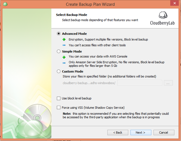 CloudBerry Backup Wizard Backup Mode