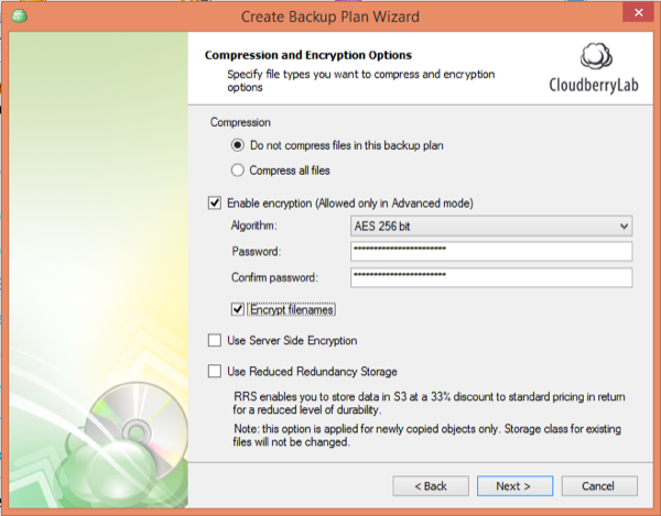 CloudBerry Backup Wizard Compression Encryption