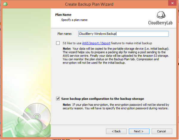 CloudBerry Backup Wizard Plan Name
