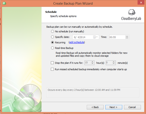 CloudBerry Backup Wizard Schedule