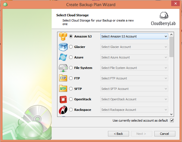 CloudBerry Backup Wizard Select Storage