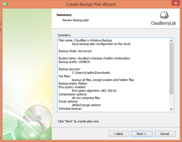 CloudBerry Backup Wizard Summary