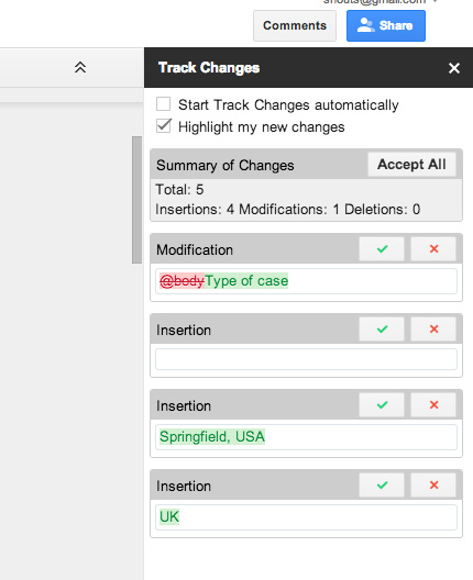 Track changes in docs