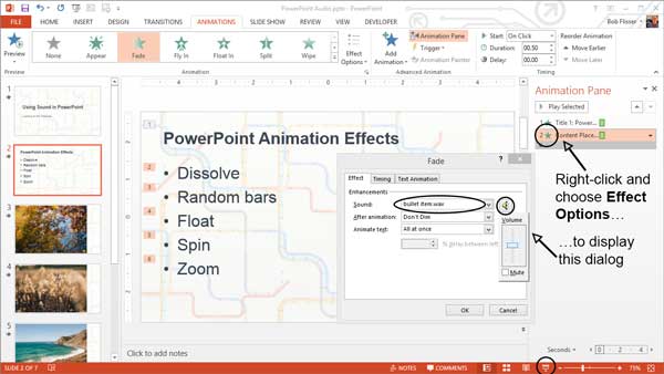 Drop-down list that applies audio to an animated object