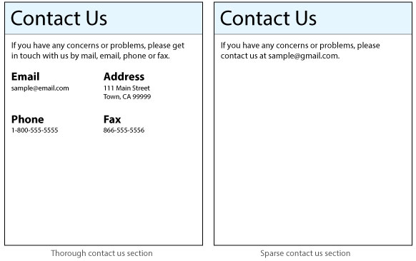 an example of a contact us page with many contact options, and one that restricts the user to only email