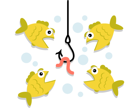 four fish and a worm on a hook