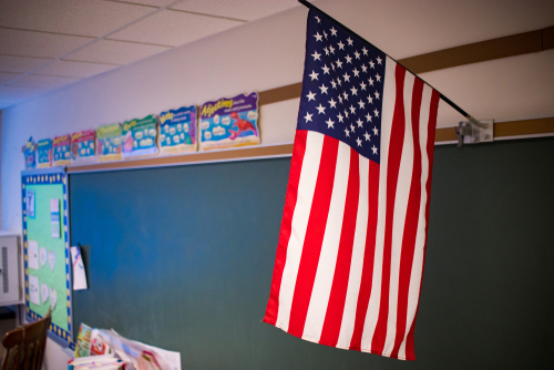 Interior School Classroom Chalkboard with Flag