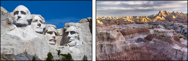 Two pictures. First picture is of Mount Rushmore and the second picture is of Badlands, South Dakota.