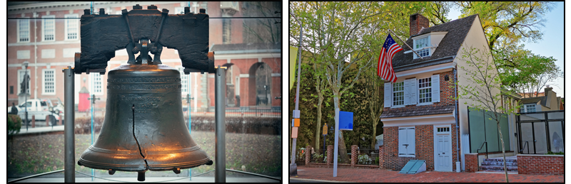 Left picture: Liberty Bell. Right picture: Betsy Ross house
