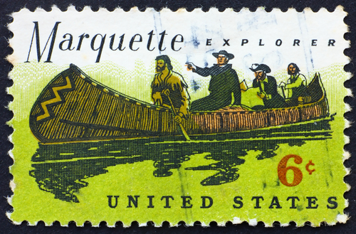 UNITED STATES OF AMERICA - CIRCA 1968: a stamp printed in the United States of America shows Father Jacques Marquette and Louis Jolliet explorers of the Mississippi, circa 1968