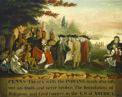 Penn's Treaty with the Indians, by Edward Hicks, 1840-44, American painting, oil on canvas. William Penn entering into peace treaty in 1683, with Tamanend, a chief of the Lenape Turtle Klan Delaware