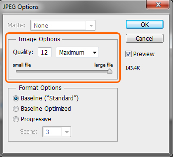The JPEG image quality dialog box, with settings at maximum.