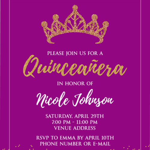 Quinceañera party for girl 15 years vector printable invitation card with golden glitter elements