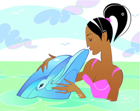 Woman kissing a dolphin in the ocean 