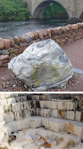 Top: Sample of lewisian gneiss, UK. Bottom: open quarry for mining marble.