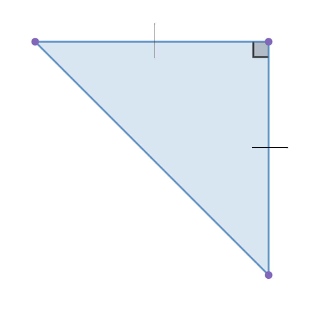 An isosceles right triangle with markings showing that two sides are congruent.