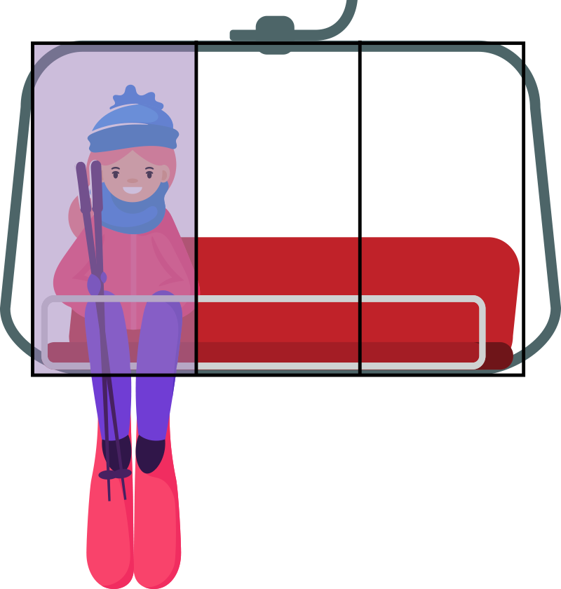 Madelyn on the lift chair with a rectangle overlaid on top with 3 equal parts. 1 of the 3 parts are filled in.